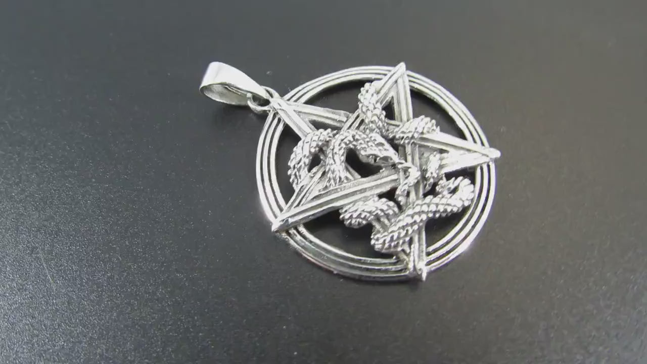 Solid 925 Sterling Silver Intertwined Snake Pentacle Pendant, Interwoven Serpent Ouroboros Pentagram, Pagan Amulet