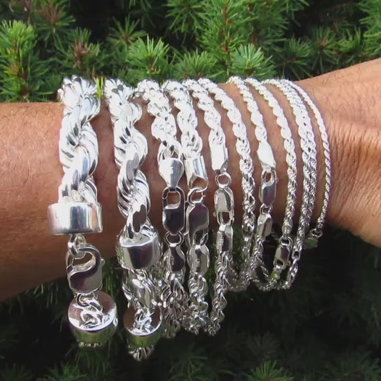 Solid 925 Sterling Silver Italian Rope Chain Bracelet, Diamond Cut Wristwear Jewelry, Chunky for Men / Dainty for Women, Made in Italy