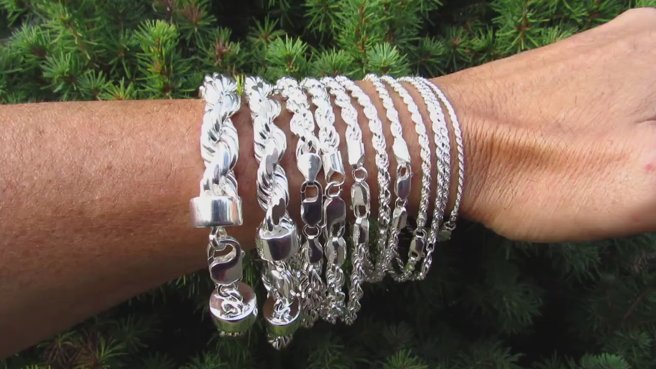 Solid 925 Sterling Silver Italian Rope Chain Bracelet, Diamond Cut Wristwear Jewelry, Chunky for Men / Dainty for Women, Made in Italy