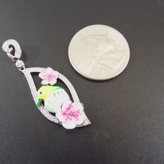 Solid 925 Sterling Silver & Enamel Bird and Flower Pendant, Handcrafted Charm, Ornate Art Deco Pink Flowers, Nature Jewelry for Her