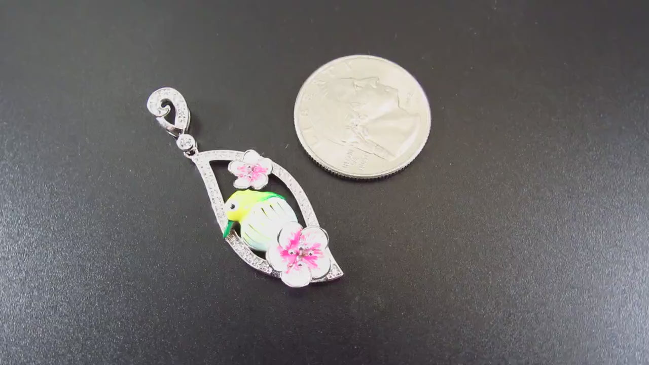 Solid 925 Sterling Silver & Enamel Bird and Flower Pendant, Handcrafted Charm, Ornate Art Deco Pink Flowers, Nature Jewelry for Her
