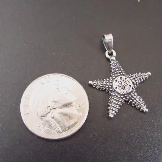 Solid 925 Sterling Silver Sand Dollar on Starfish Pendant, Textured Sea Life Charm, Nautical Seacore / Oceancore Jewelry, Beachcomber Gift