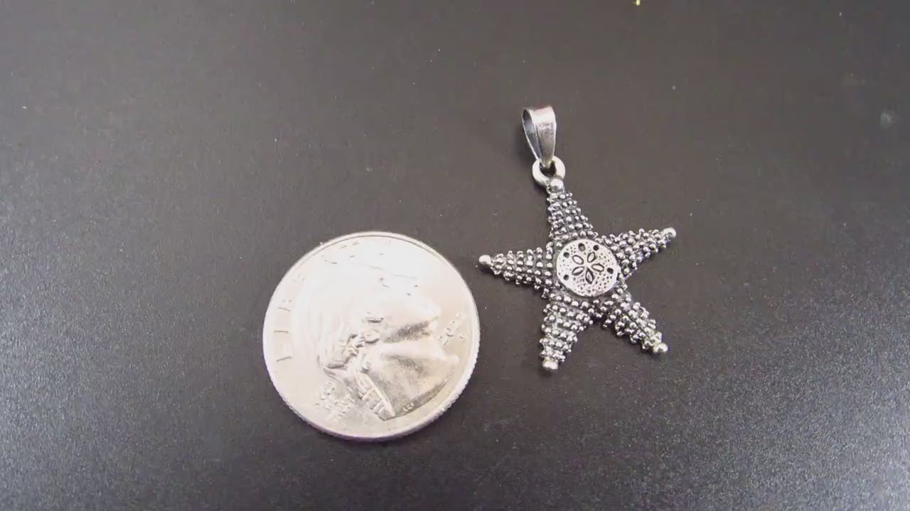 Solid 925 Sterling Silver Sand Dollar on Starfish Pendant, Textured Sea Life Charm, Nautical Seacore / Oceancore Jewelry, Beachcomber Gift