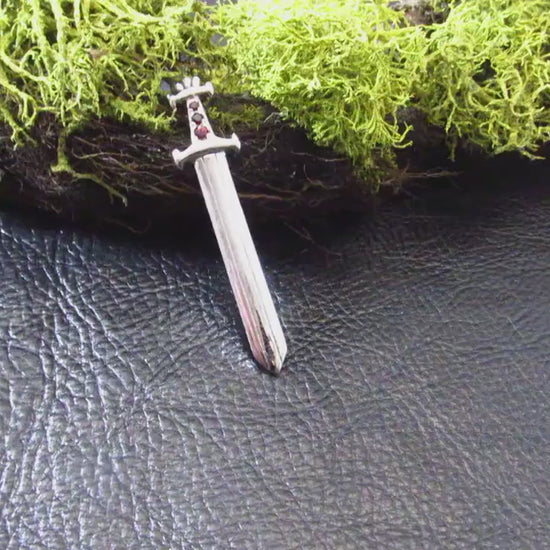 Solid 925 Sterling Silver Medieval Sword Necklace Pendant with Garnet Gemstones