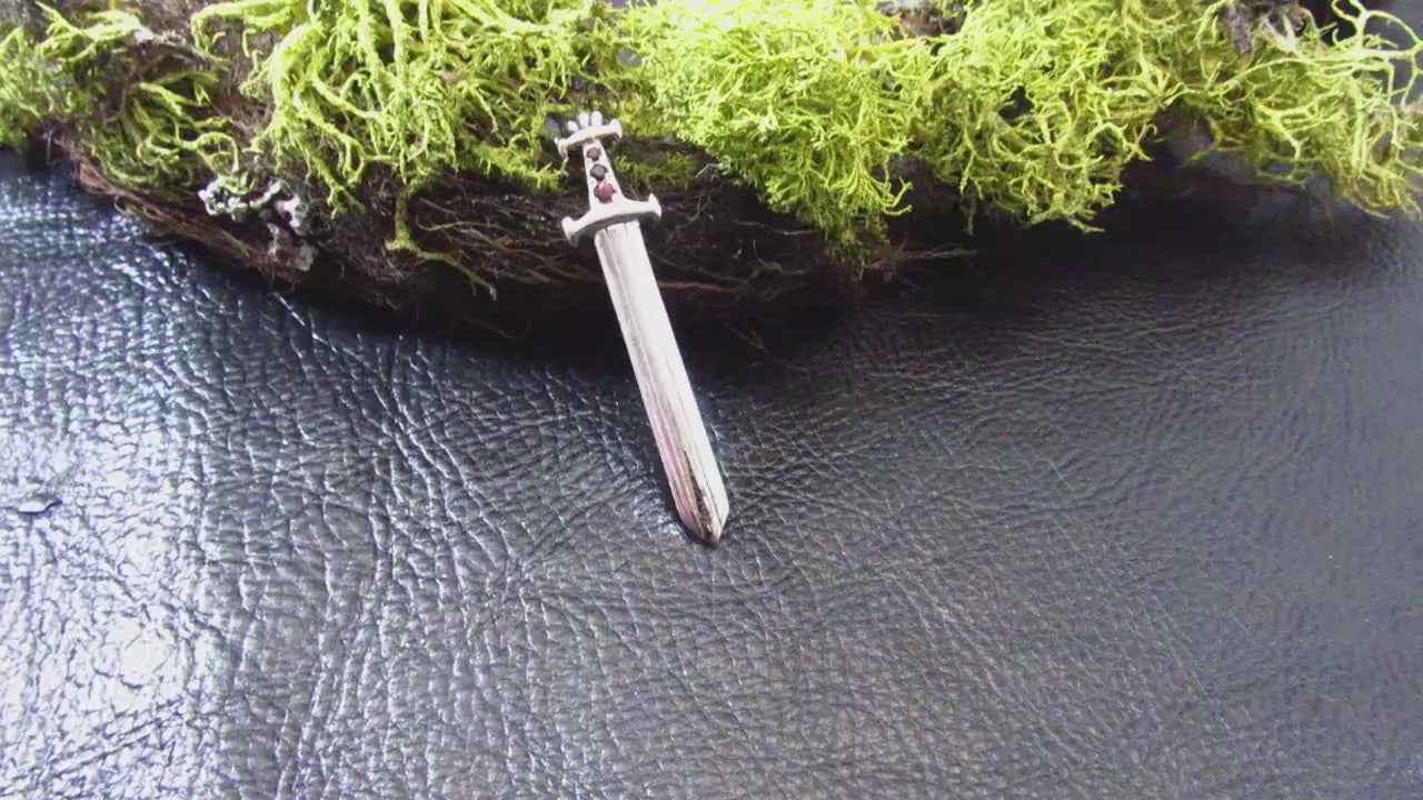Solid 925 Sterling Silver Medieval Sword Necklace Pendant with Garnet Gemstones