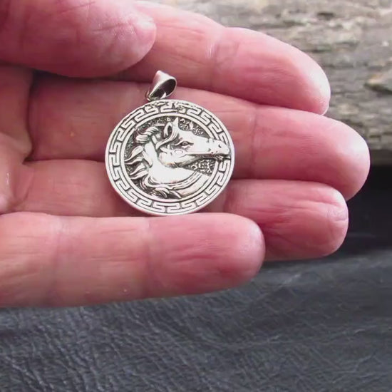 Solid 925 Sterling Silver Horse Medallion Pendant | Greek Key Puzzle, Equestrian “Coin” Necklace Amulet, Stallion Head Charm, Animal Jewelry