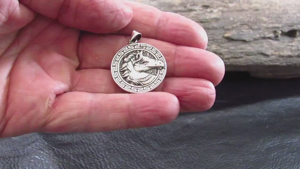 Solid 925 Sterling Silver Horse Medallion Pendant | Greek Key Puzzle, Equestrian “Coin” Necklace Amulet, Stallion Head Charm, Animal Jewelry