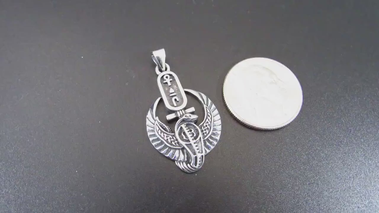 Solid 925 Sterling Silver Egyptian Cartouche Pendant – Winged Cobra and Ankh Symbol – Kemet Protection Talisman – Occult Snake Jewelry