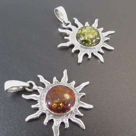 Solid 925 Sterling Silver Baltic Honey or Green Amber Celestial Sun Pendant - Sunburst Amulet -  Solar Energy Charm - Unique Cosmic Jewelry