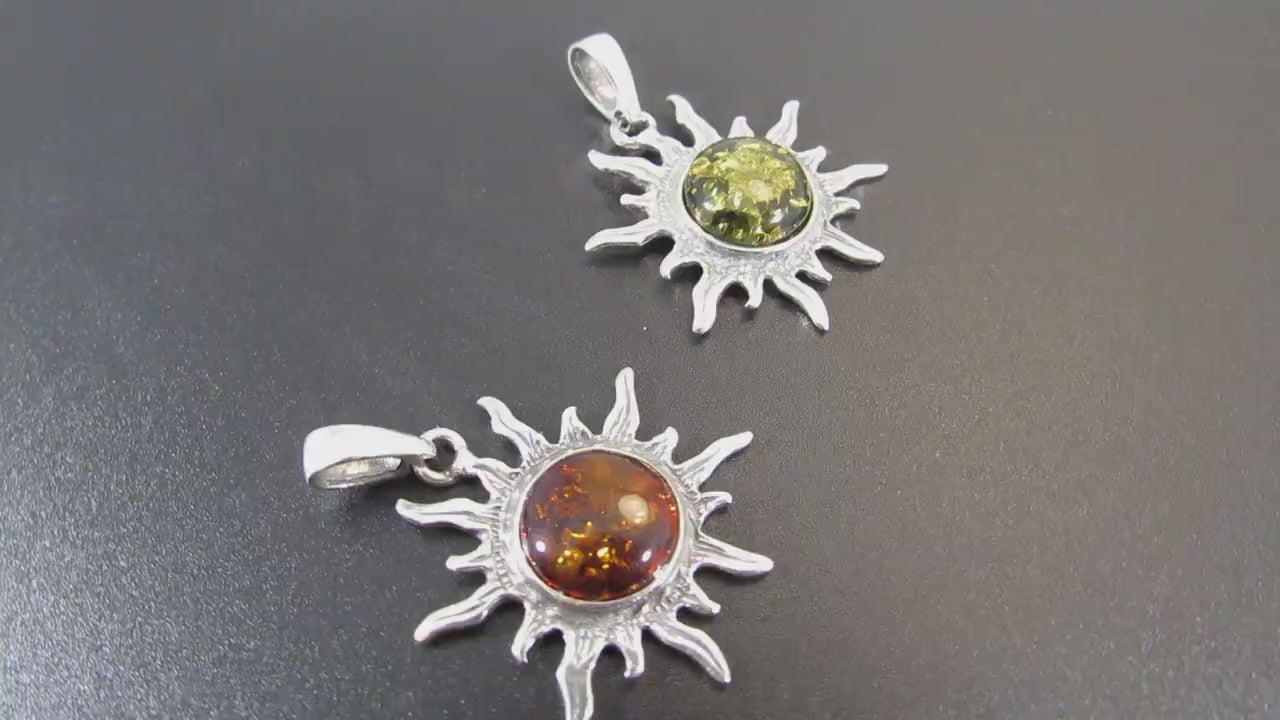 Solid 925 Sterling Silver Baltic Honey or Green Amber Celestial Sun Pendant - Sunburst Amulet -  Solar Energy Charm - Unique Cosmic Jewelry