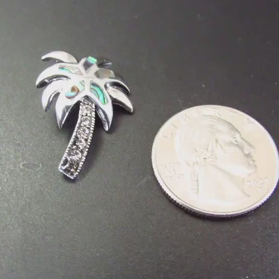 925 Abalone Shell Palm Tree Slide Pendant Necklace, Solid Sterling Silver Tropical Beach Jewelry