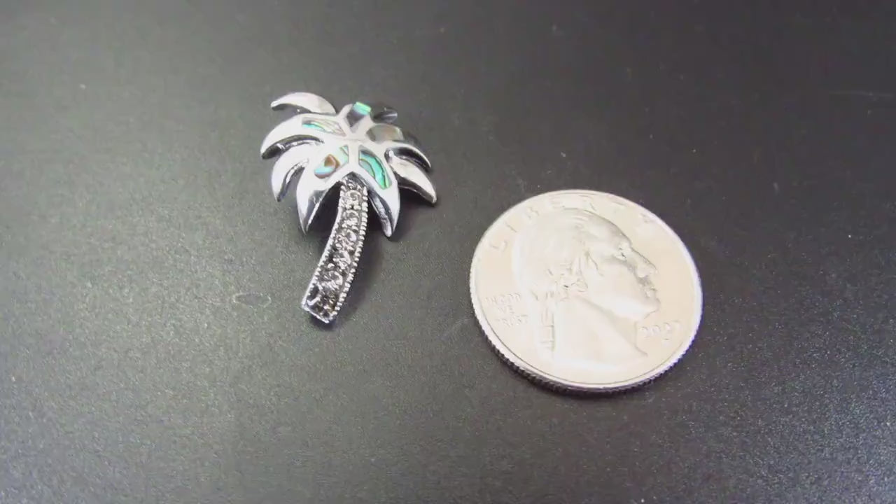 925 Abalone Shell Palm Tree Slide Pendant Necklace, Solid Sterling Silver Tropical Beach Jewelry