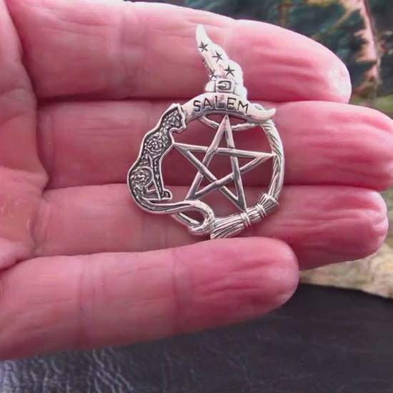 Salem Witch Pentacle Pendant / Solid 925 Sterling Silver / Witch Hat, Cat Familiar & Broom, Wiccan Pentagram Necklace Amulet, Witchcore Gift