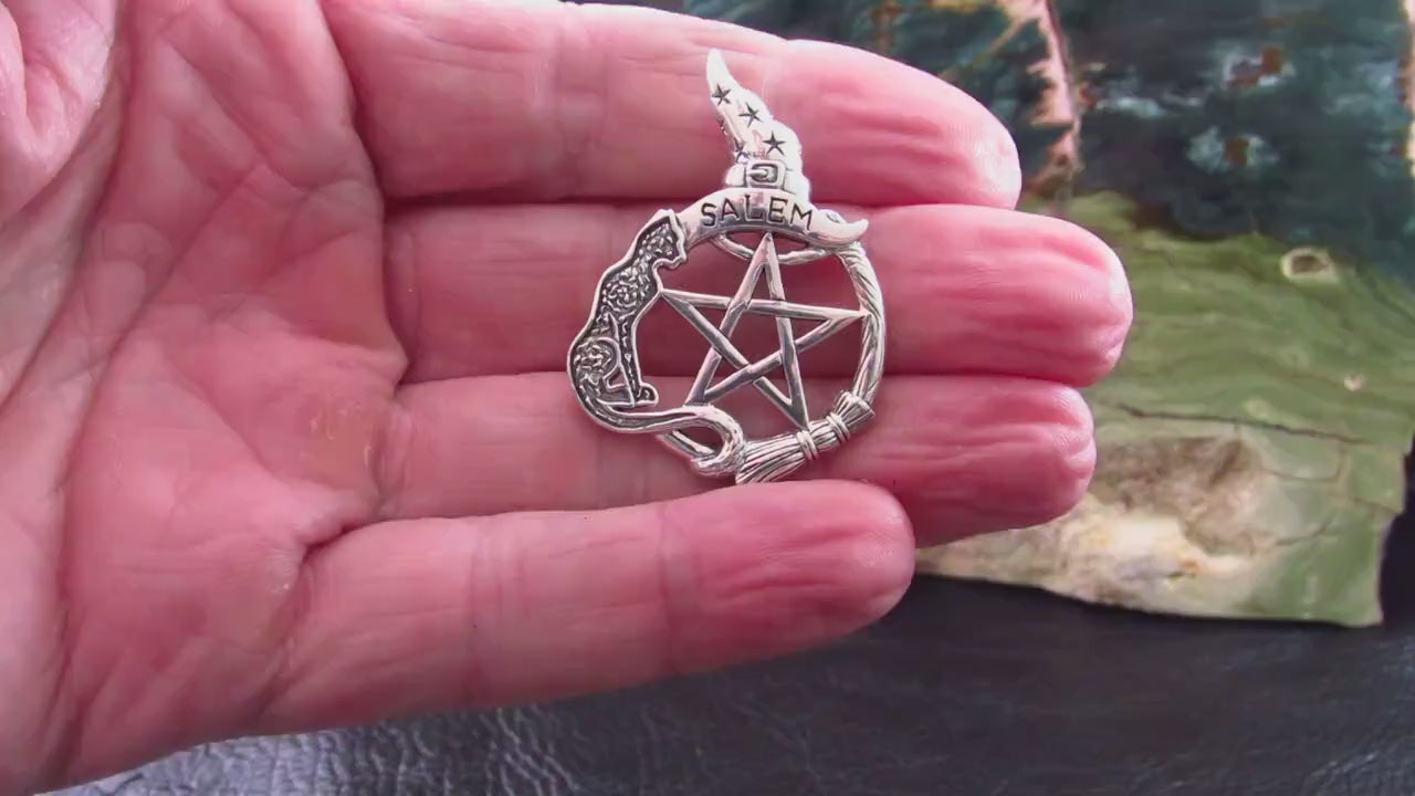 Salem Witch Pentacle Pendant / Solid 925 Sterling Silver / Witch Hat, Cat Familiar & Broom, Wiccan Pentagram Necklace Amulet, Witchcore Gift