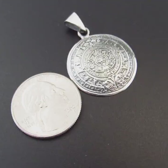 Solid Sterling Silver Aztec Calendar Pendant – Mayan Necklace Amulet, Ancient Mexico Jewelry, Sun Stone Medal, Mens Silver Zodiac Wheel