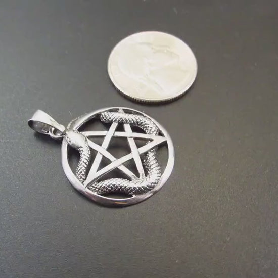Solid 925 Sterling Silver Ouroboros Pentacle Pendant, Snake Pentagram Pagan Protection Amulet