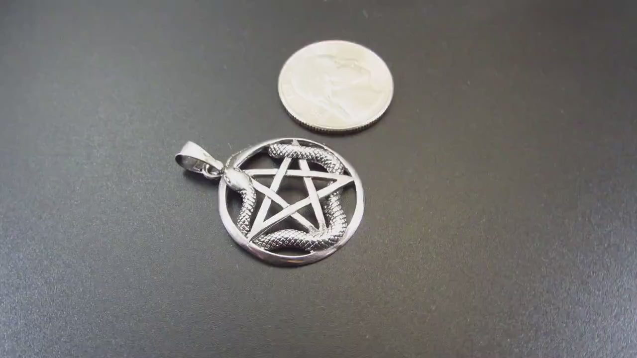 Solid 925 Sterling Silver Ouroboros Pentacle Pendant, Snake Pentagram Pagan Protection Amulet