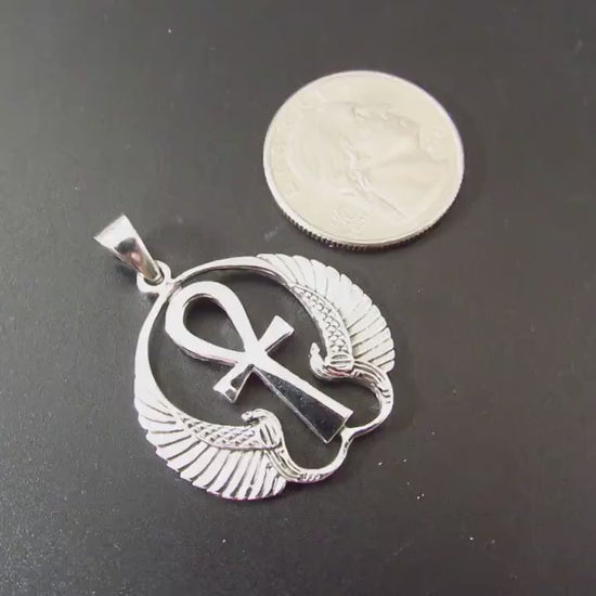 Solid 925 Sterling Silver Ankh Pendant with Isis Wings – Egyptian Necklace Amulet, Symbol of Eternal Life, Divine Power & Goddess Protection
