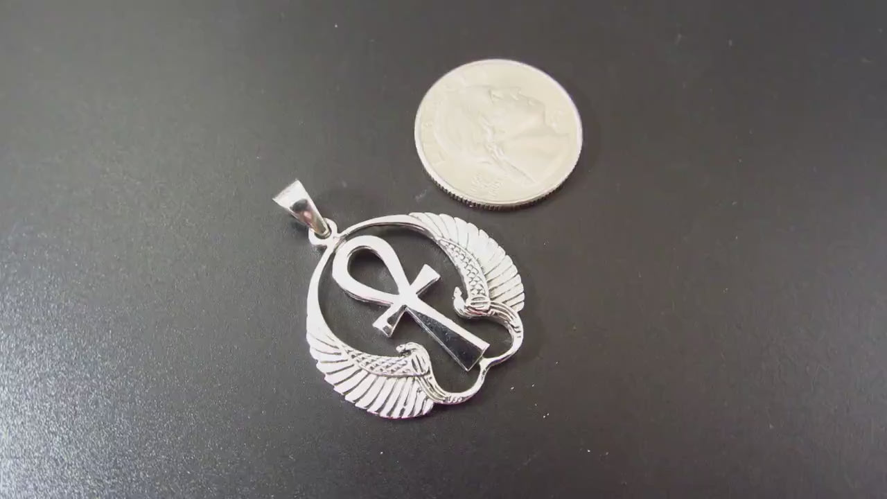 Solid 925 Sterling Silver Ankh Pendant with Isis Wings – Egyptian Necklace Amulet, Symbol of Eternal Life, Divine Power & Goddess Protection