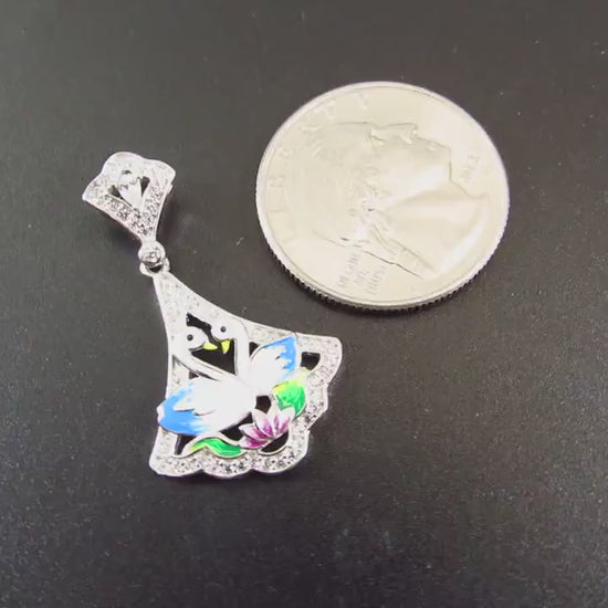 Solid 925 Sterling Silver Swan Pendant, Blue & White Enamel Swans and Flower Scene, Handcrafted Art Deco Charm, Vintage Style Summer Jewelry