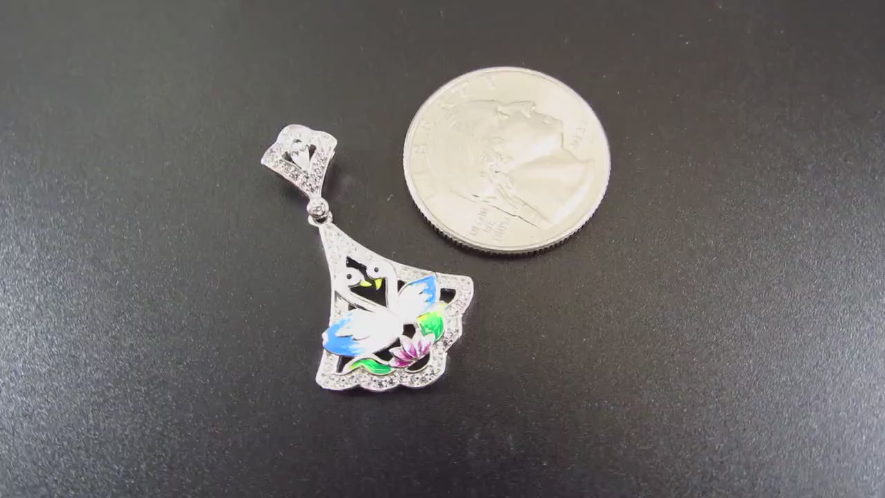 Solid 925 Sterling Silver Swan Pendant, Blue & White Enamel Swans and Flower Scene, Handcrafted Art Deco Charm, Vintage Style Summer Jewelry