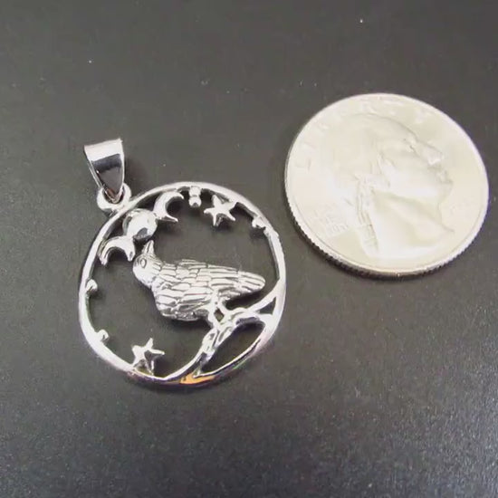 Solid 925 Sterling Silver Raven Moon and Stars Pendant, Gothic Celestial Crow Amulet