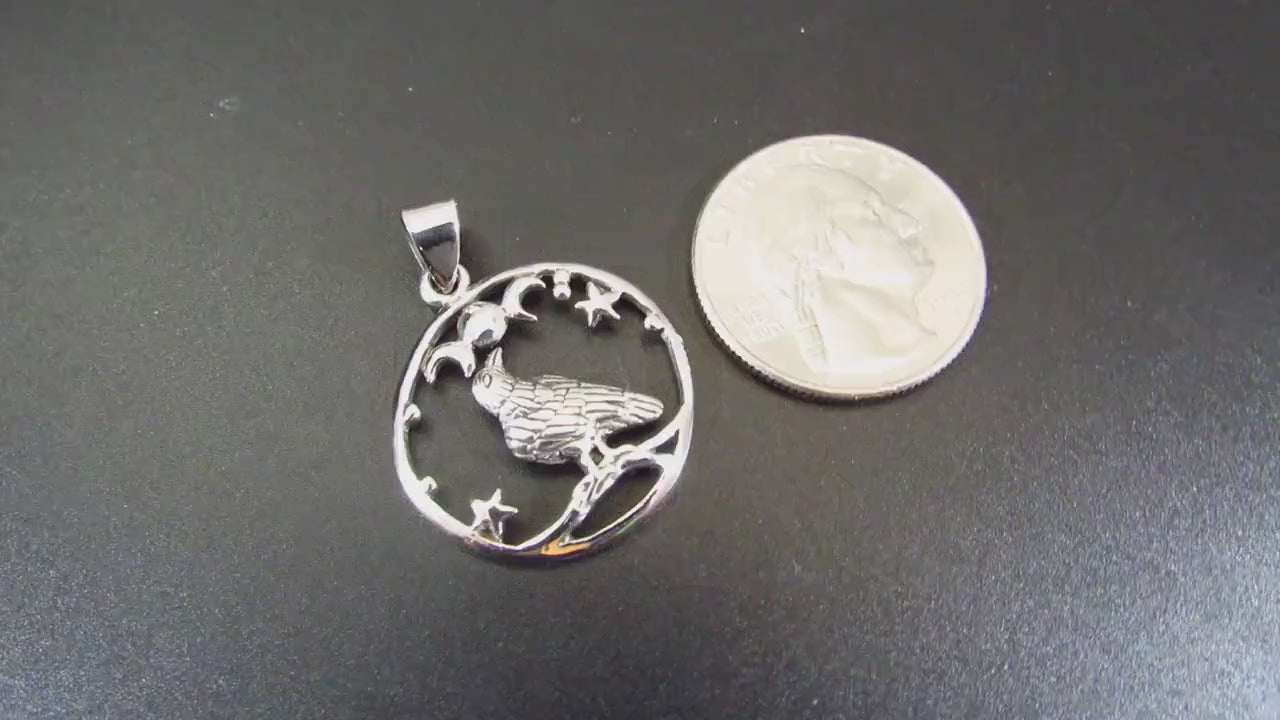 Solid 925 Sterling Silver Raven Moon and Stars Pendant, Gothic Celestial Crow Amulet
