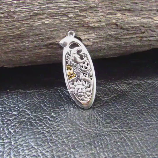 Solid 925 Sterling Silver Steampunk Sun, Moon, & Stars Necklace Pendant with 14K Gold Accents