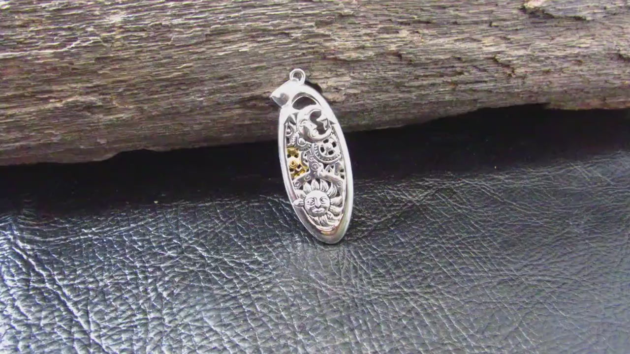 Solid 925 Sterling Silver Steampunk Sun, Moon, & Stars Necklace Pendant with 14K Gold Accents