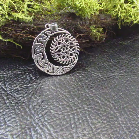 Solid 925 Sterling Silver Crescent Moon And Sun Pendant, Celtic Zoomorphic Beasts Amulet