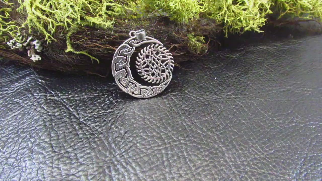 Solid 925 Sterling Silver Crescent Moon And Sun Pendant, Celtic Zoomorphic Beasts Amulet