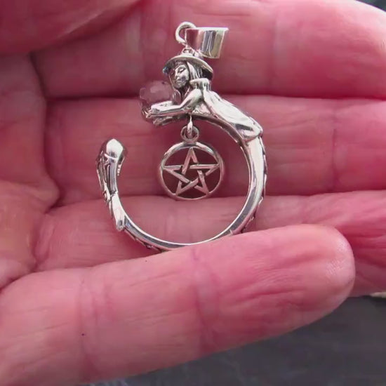 Solid 925 Sterling Silver Crystal Ball Witch Pendant, Pentacle Gothic Wiccan Pagan Occult Talisman