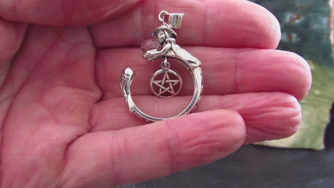 Solid 925 Sterling Silver Crystal Ball Witch Pendant, Pentacle Gothic Wiccan Pagan Occult Talisman