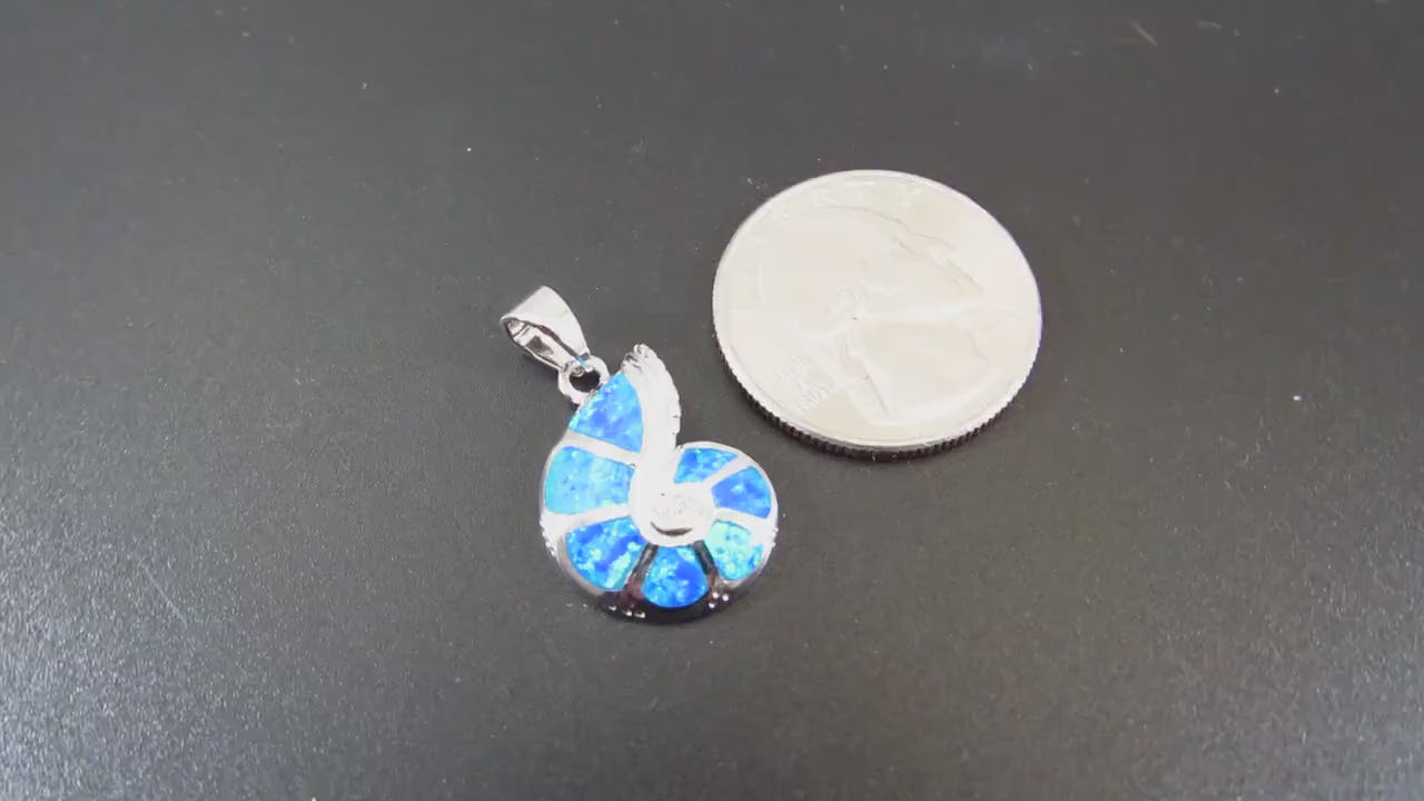 Solid 925 Sterling Silver and Blue Opal Shell Pendant, Nautilus Seashell Jewelry, Ammonite Fossil Charm, Sea Sand Ocean and Marine Interest