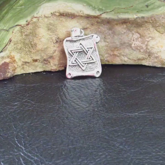 Solid 925 Sterling Silver Star of David Pendant with Scrolls, Hammered Metal on Parchment
