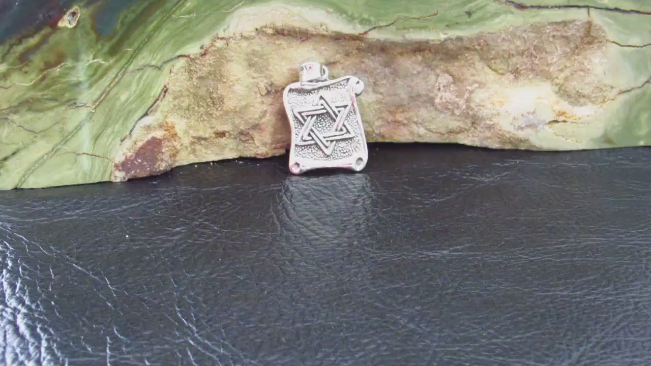 Solid 925 Sterling Silver Star of David Pendant with Scrolls, Hammered Metal on Parchment