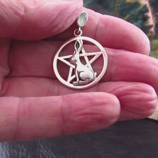 Solid 925 Sterling Silver Rabbit Pentacle Pendant, Pagan Wiccan Ostara Jewelry, Spring Equinox Amulet