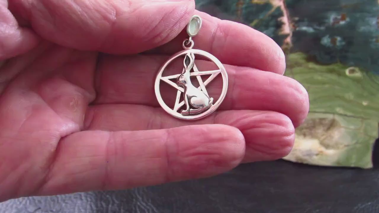 Solid 925 Sterling Silver Rabbit Pentacle Pendant, Pagan Wiccan Ostara Jewelry, Spring Equinox Amulet