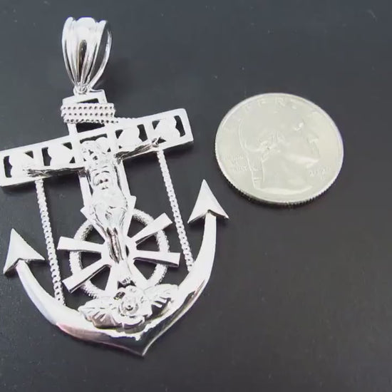 Solid 925 Sterling Silver Hip Hop Crucifix Anchor Pendant – Large Jesus Nautical Necklace Pendant, Christian Maritime Jewelry for Men