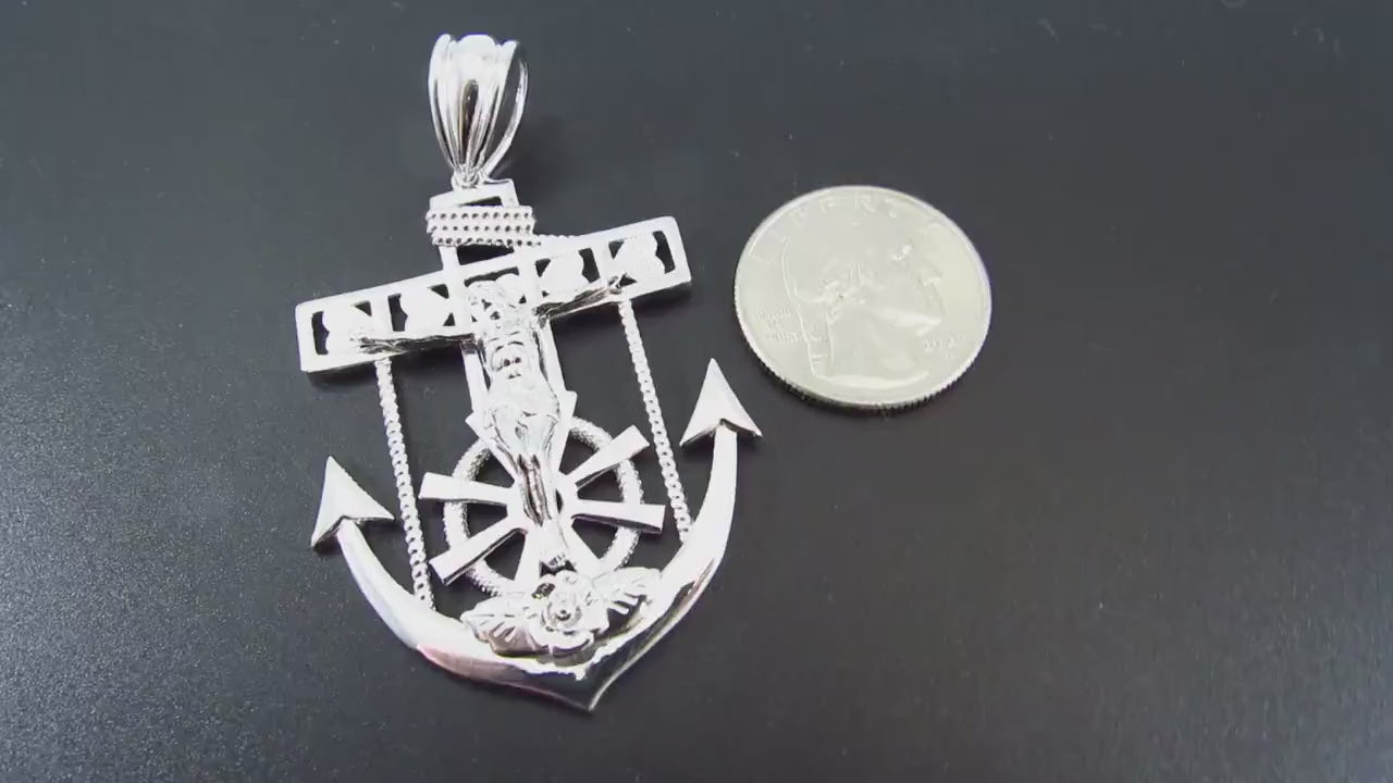 Solid 925 Sterling Silver Hip Hop Crucifix Anchor Pendant – Large Jesus Nautical Necklace Pendant, Christian Maritime Jewelry for Men