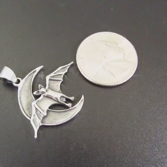 Solid 925 Sterling Silver Bat and Crescent Moon Pendant – Gothic Vampire Necklace Pendant, Occult Jewelry, Halloween Gift for Men & Women