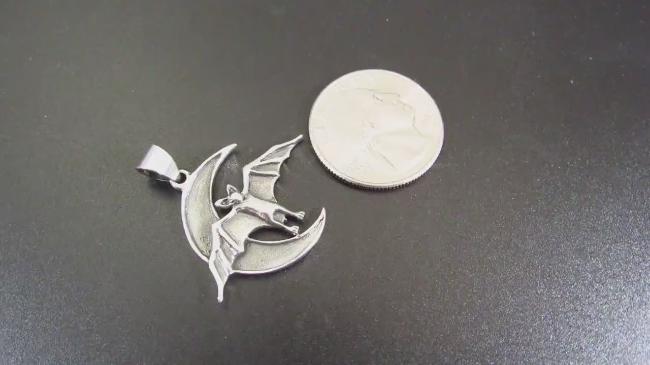 Solid 925 Sterling Silver Bat and Crescent Moon Pendant – Gothic Vampire Necklace Pendant, Occult Jewelry, Halloween Gift for Men & Women