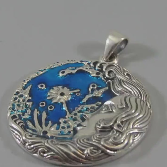 Solid 925 Sterling Silver Moon Maiden Pendant, Oberon Zell Blue Enamel Celestial Goddess Amulet