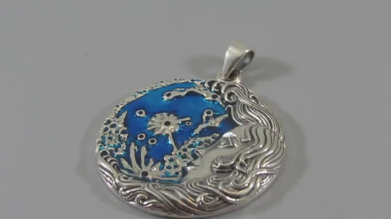 Solid 925 Sterling Silver Moon Maiden Pendant, Oberon Zell Blue Enamel Celestial Goddess Amulet