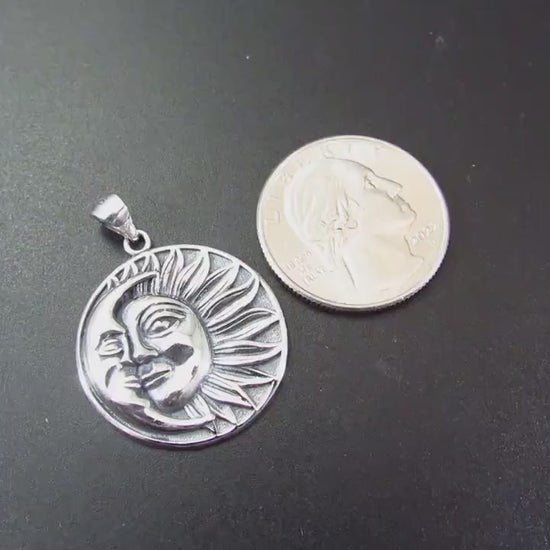Solid 925 Sterling Silver Crescent Moon & Sun Rays with Faces Pendant - Celestial Jewelry Amulet - Cosmic Necklace Charm