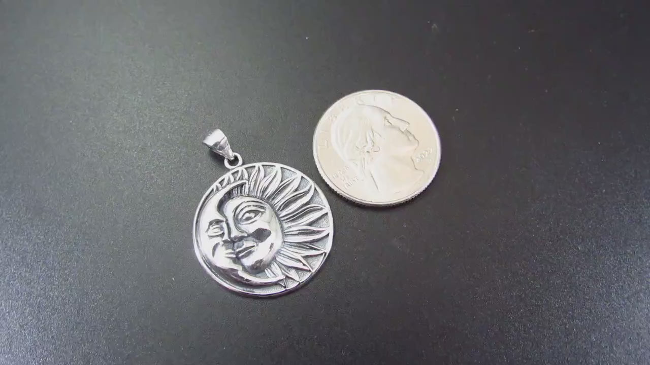 Solid 925 Sterling Silver Crescent Moon & Sun Rays with Faces Pendant - Celestial Jewelry Amulet - Cosmic Necklace Charm