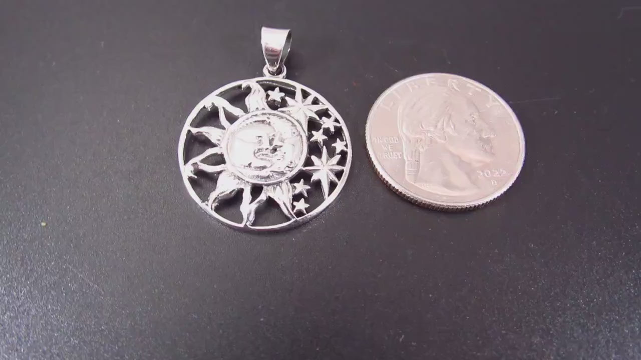 Solid 925 Sterling Silver Sun and Stars Pendant, Celestial Faces Amulet, Cosmic Talisman