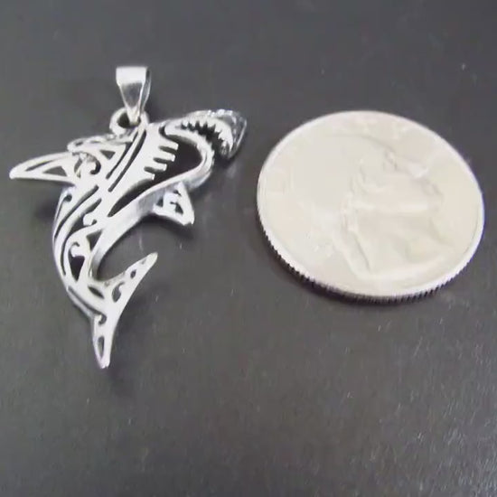 Solid 925 Sterling Silver Shark Pendant – Tribal Style Ocean Necklace Charm – Jewelry Gift for Surfer – Sea Life Amulet for Men or Women