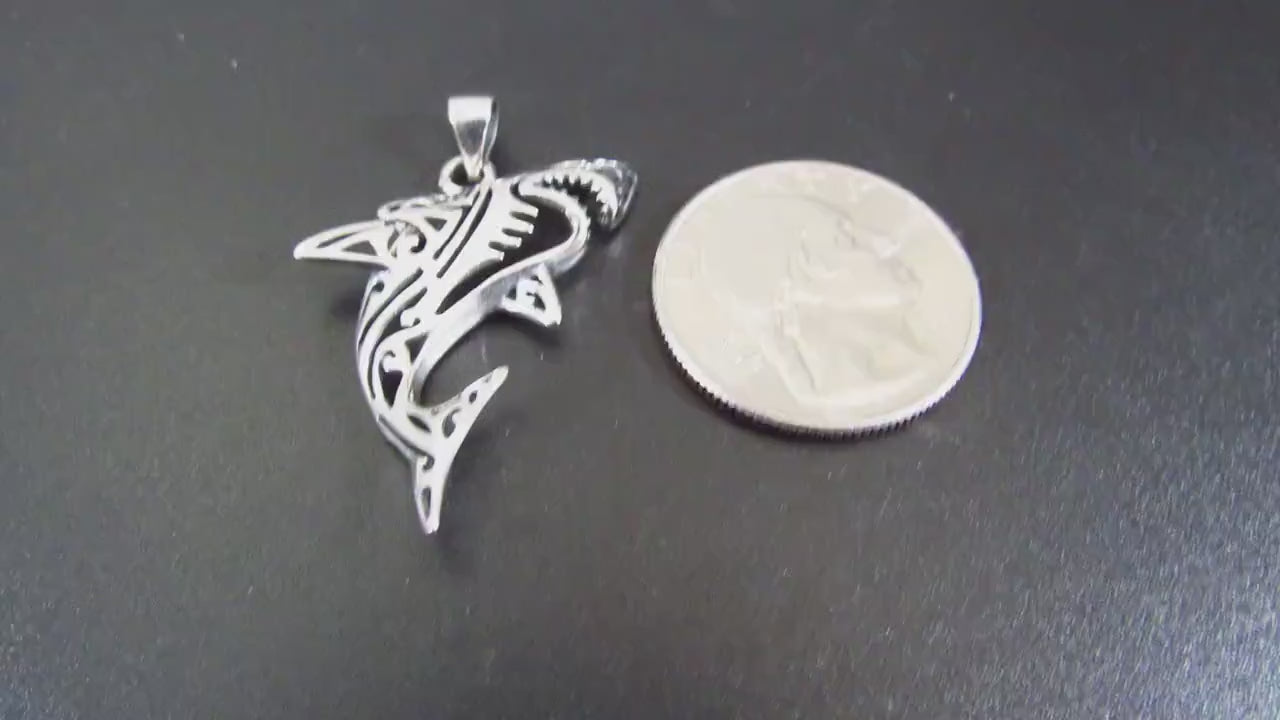 Solid 925 Sterling Silver Shark Pendant – Tribal Style Ocean Necklace Charm – Jewelry Gift for Surfer – Sea Life Amulet for Men or Women