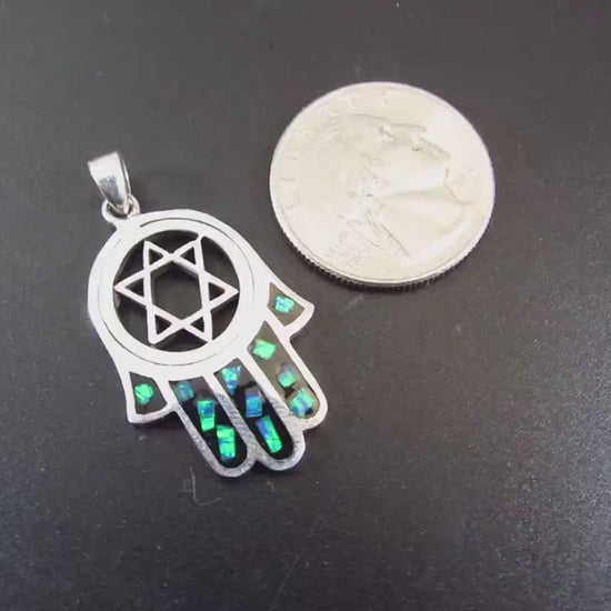 Solid 925 Sterling Silver Hamsa Hand & Star of David Pendant – Jewish Protection Symbol - Lab Opal Inlay - Judaica Gift for Men and Women